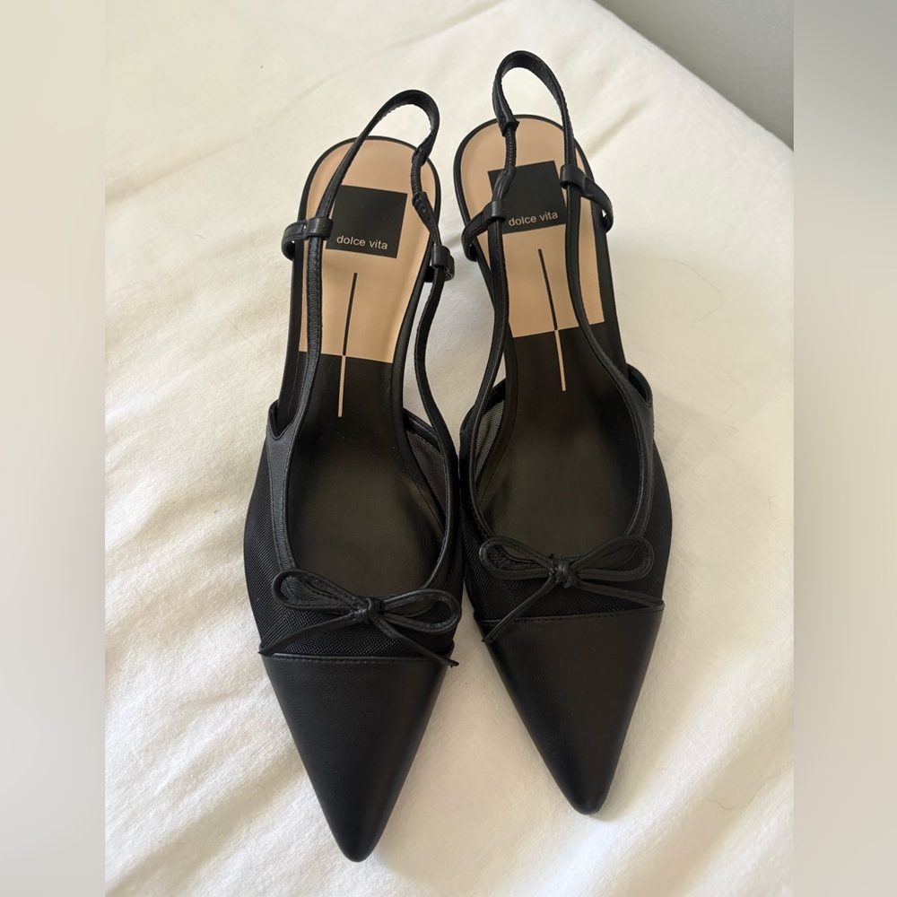 Dolce Vita Black Pointed Slingback Flats with Bow Trim